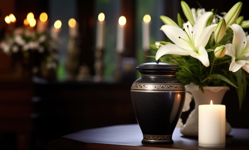 Urnenbestattung mit Kerzen und Blumen