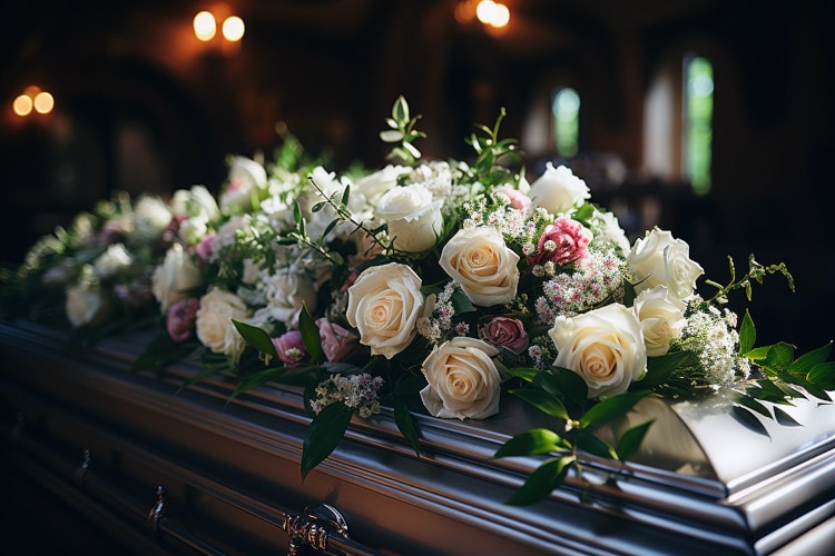 Sarg mit Blumen darauf, vorbereitet für eine Erdbestattung