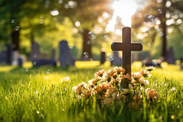Ein Grab mit Kreuz und Blumen, umgeben von Seifenblasen.