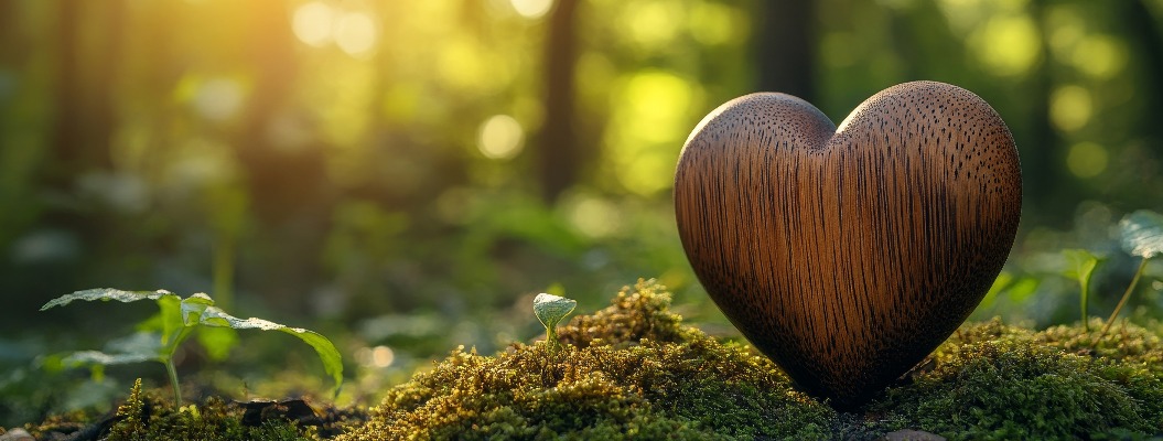 Hölzernes Herz auf moosbewachsenem Waldgrab, Naturbestattung im Wald
